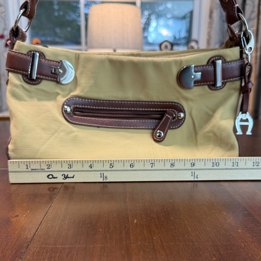 Etienne Aigner Small Shoulder Bag Tan Brown Trim Pockets Buckle Y2K Preppy - Picture 9 of 11